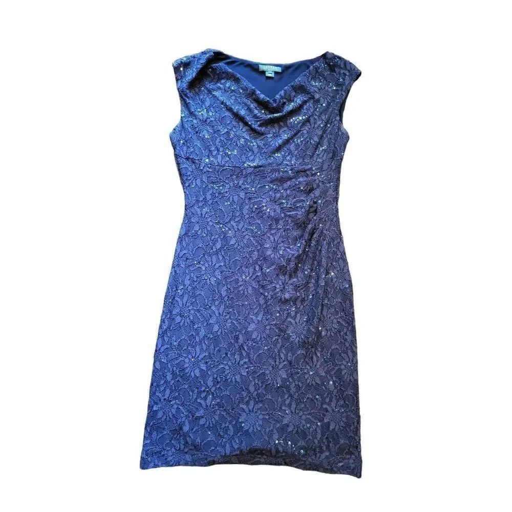 Ralph Lauren Dress Women's 16 Blue Lace Sequin Floral Sheath Cocktail